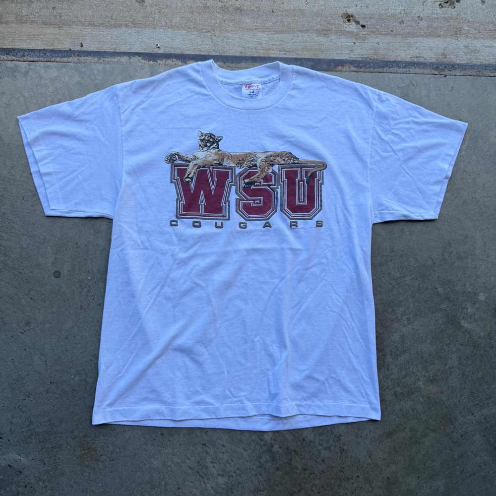 Vintage 1987 WSU Cougars Tee Jays Shirt Large White Single Stitch Made in USA